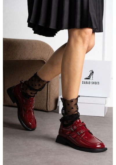 Dabab Shoes Elvan Kadın Bordo Rugan Küt Burun Çift Toka Detaylı Kalın Taban Loafer Ayakkabı