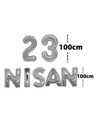 23 Nisan Yazılı Folyo Balon Süsleme Seti Gümüş 100cm Büyük Harf Balon Çocuk Bayramı Seti Gri - Gümüş