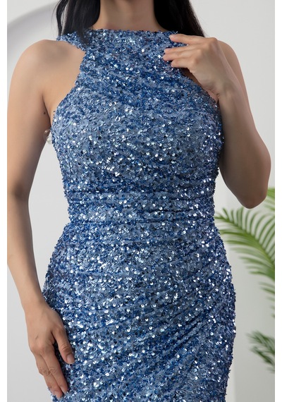 Kalopya Halter Yaka Yırtmaçlı Pulpayet Elbise Ecr5482 Mavi