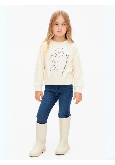 Kız Çocuk Çiçek Desenli Sweatshirt-16138 KREM