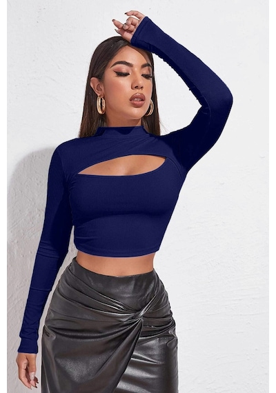 Angbutik Kadın Lacivert Göğüs Dekolteli Uzun Kollu Cut Out Crop Top Bluz