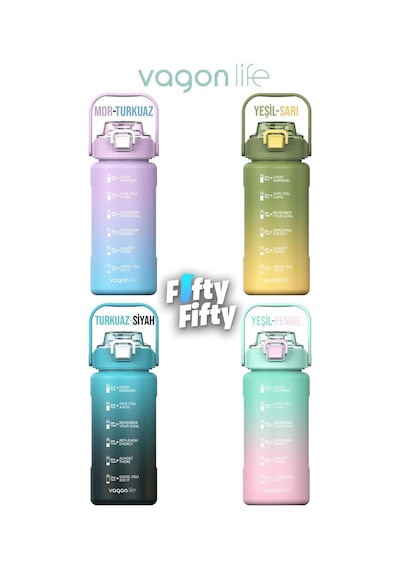 Vagonlife 1500ml Yenilenen Renkler Pipetli - Pipetsiz Kullanım Çift Renk Softtouch Motivasyon Matarası + Çıkartma 001