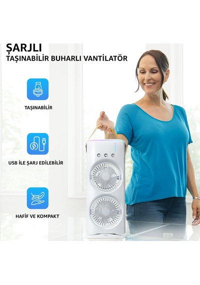 Robeve 2 Fanlı Vantilatör Buharlı Fan -şarjlı, Kompakt, Ayarlanabilir , Soğutucu Fan ,buharlı Nemlendirici, Eşsiz Tasarım, Hız Seçenekleri , Led Aydınlatma, Gece Lambası