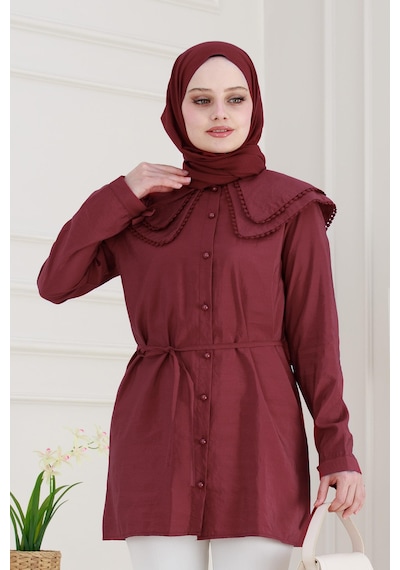 Sevitli Çift Yaka Dantelli Tunik-bordo-4982 Bordo