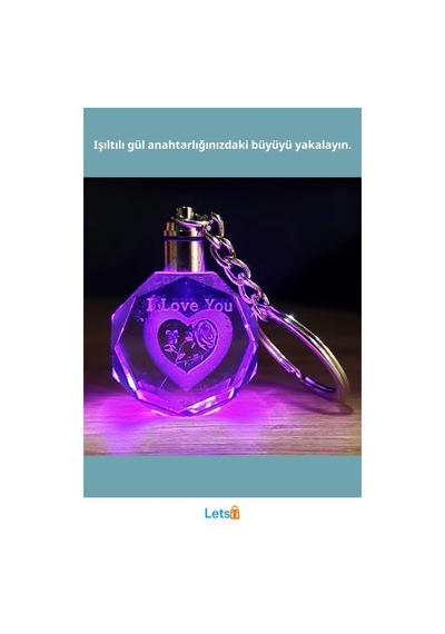 I Love You Kalp İçinde Gül Renk Değiştiren Kristal Anahtarlık 10 Cm Çok Renkli