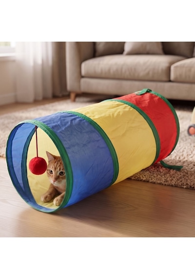 2 Adet Kedi Oyun Tüneli Katlanabilir Ponpon Oyuncaklı Kedi Tüneli Seti 25x50 Cm