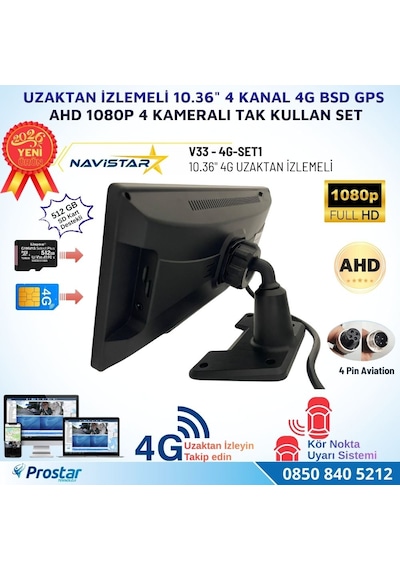 Uzaktan İzlemeli 10.36 İnç 4 Kanal 4g Gps Bsd Kör Nokta Uyarı Sistemli Profesyonel Araç Kamera Seti