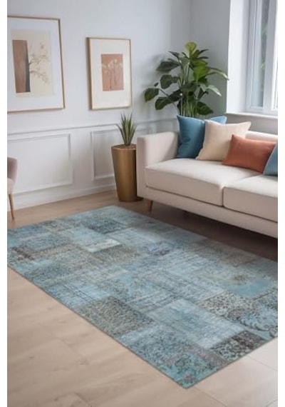 Cosy Patchwork Desenli Şönil Pamuk Tabanlı Yıkanabilir Kaymaz Antibakteriyel Salon Halısı 80x200 Çok Renkli