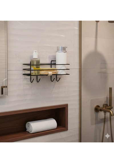 Siyah Yapışkanlı 4 Kancalı Banyo Rafı Baharatlık Banyo Rafı Şampuanlık Duş Askısı Siyah Diğer