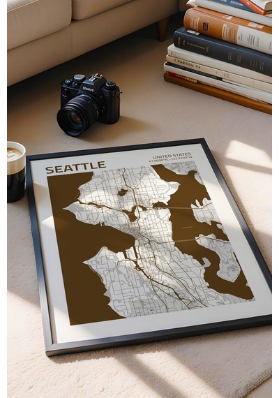 Seattle Abd Haritası Çerçeveli Tablo Lüks Salon Ofis Duvar Dekorasyonu Hediyelik Tablo