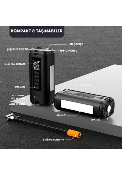 12000mah Led Işıklı Powerbank Özellikli Acil Durum Akü Takviye Kablolu 800a Araç Motor Lastik Şişirme Hava Kompr