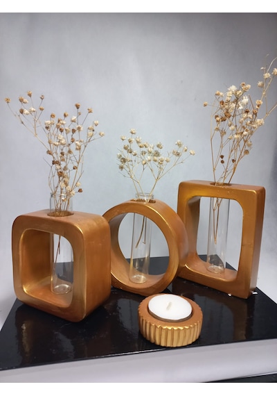 Modern Sanat Esintili, Dikdörtgen-kare-yuvarlak Formlu, Cam Tüplü Dekoratif 3'lü Vazo Set Gold