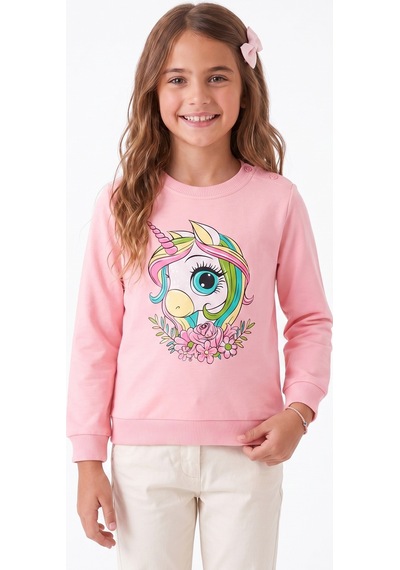 Onloox Kız Çocuk Pembe Kız Çocuk Pembe Pamuklu Bisiklet Yaka Uzun Kollu Tam Kalıp Unicorn Baskılı Tişört 1.5-3 Yaş
