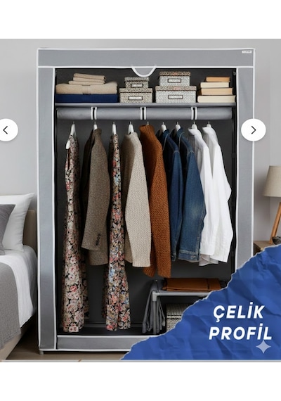 Missidea Basic Portatif Bez Dolap Metal İskeletli Kumaş Gardırop Gri Gri