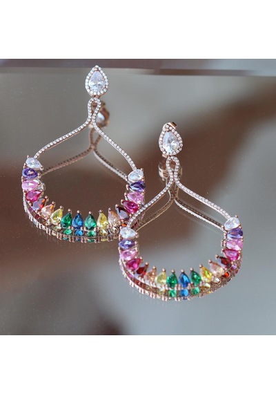 Renkli Zirkon Taşlı Damla Modeli Rose Gold Kaplama Gümüş Küpe Gümüş