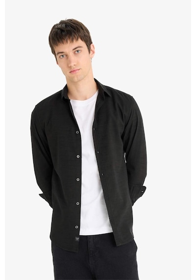 DeFacto Slim Fit Dar Kesim Pamuklu Basic Düz Uzun Kollu Siyah Gömlek A4644AX23AUBK81