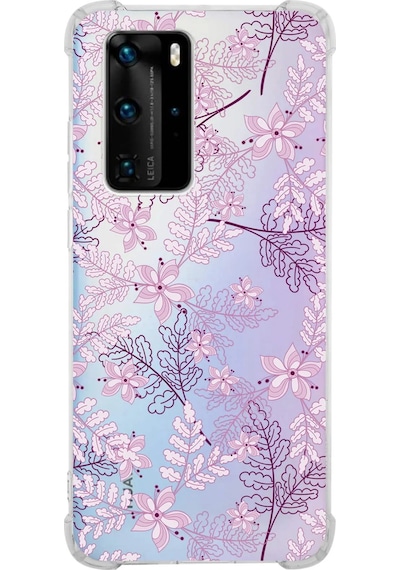 Huawei P40 Pro Uyumlu Köşe Korumalı Floral Pudra Tasarımlı Şeffaf Silikon Kılıf