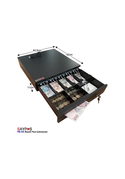 Slip Gözlü 5 Geniş Kağıt Para Bölmeli Anahtarlı Ve Pos Bağlantılı Büyük Para Çekmecesi 40,5x42x11cm