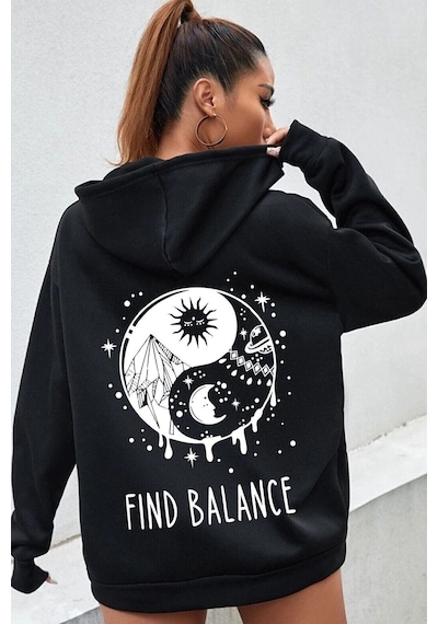 Uyguntarz Unisex Yin & Yang Tasarım Sweatshirt siyah