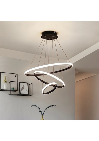 3lü Halka Siyah Led Avize Beyaz Işık Siyah