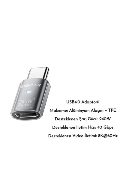 Essager 240w Type-C Erkek To Type-C Dişi Adaptör 40GBPS 8k+4k USB 4.0 Ce Lisanslı Çevirici Dönüştürücü Adaptör