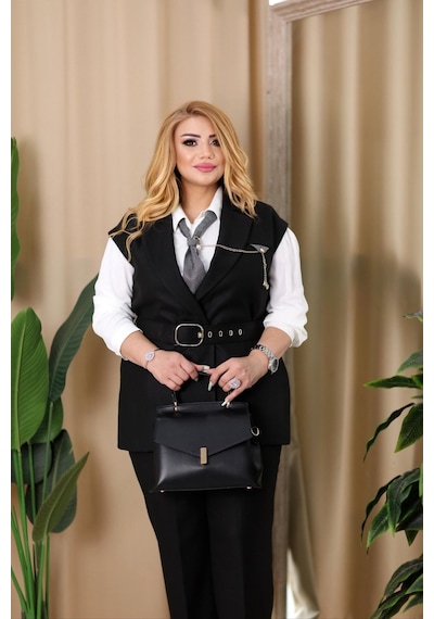 Lady Sharm Krep Kumaş Zincir ve Kravat Detaylı Büyük Beden Kadın Takım Siyah