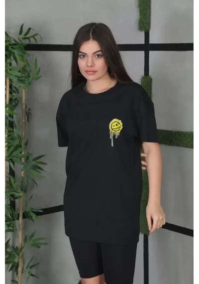 Periliçekeçe Unisex Bisiklet Yaka Baskılı Oversize T-shirt - Siyah