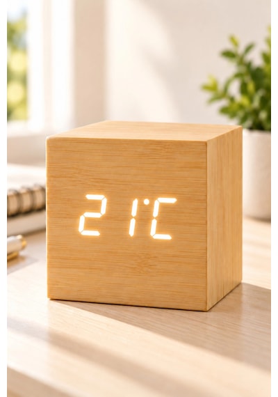 Ahşap Dijital Kübik Masa Saati Termometre Ve Alarm Çok Renkli 77535356