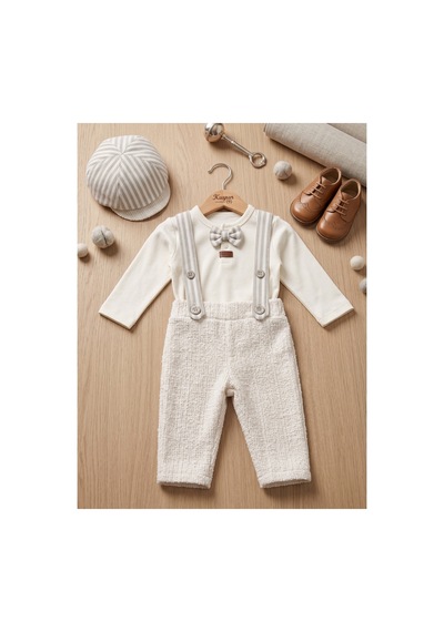 Deniva Kids Bebek Bej Askılı Pantolon Fiyonklu Body Ve Kasket Şapkalı 3'lü Takım Doğum Günü Ve Özel Gün Seti