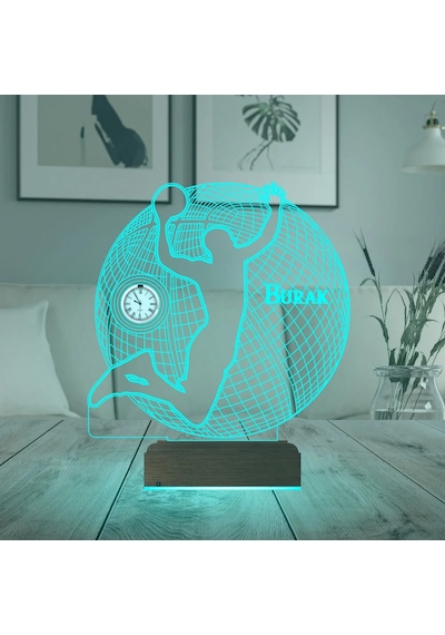 Luvivia Basketbol Basket Topu Kişiye Özel Metal Saatli 3d Lamba - Masa Gece Lambası Şeffaf