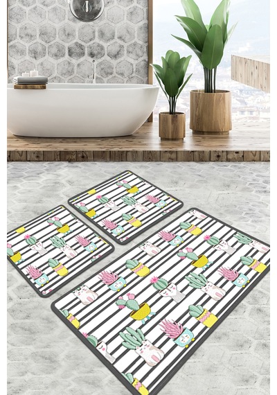 Catinus Cactus Banyo Halısı Djt 3 Lü Set, Banyo Halısı , Banyo paspası yıkanabilir Çok Renkli