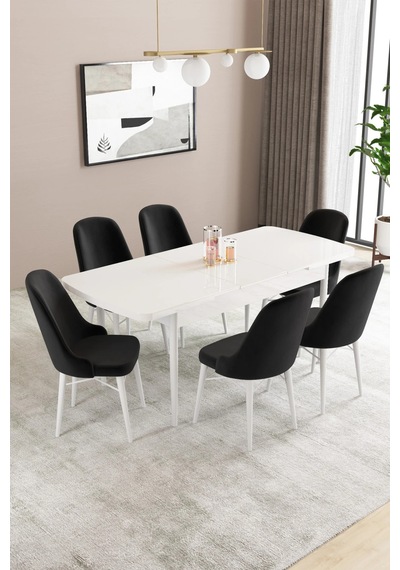 Familieconcept Almira Serisi, Beyaz 80x132 Açılabilir Mdf Mutfak Masası Takımı 6 Adet Sandalye Siyah Familieconcept Almira Serisi, Beyaz 80x132 Açılabilir Mdf Mutfak Masası Takımı 6 Adet Sandalye Siyah