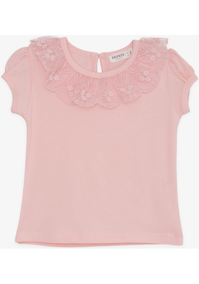 Breeze Kız Çocuk Tişört Yakası Güpürlü Nakışlı 1-4 Yaş, Pembe-Pembe