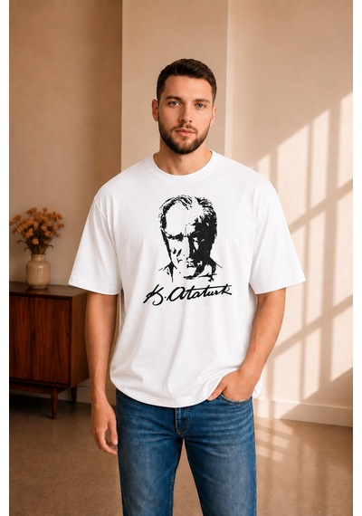 Sngl Tekstil Erkek Oversize Penye Atatürk Baskılı Tişört S-m-l-xl-2xl Beyaz