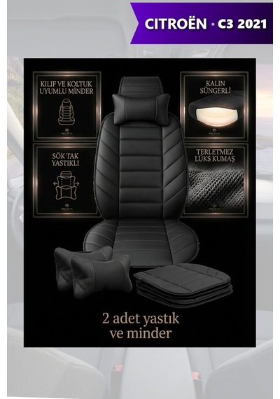 Citron C3 2021 Uyumlu Lüks Siyah Renk Premium 2 Adet Minder Ve Yastık