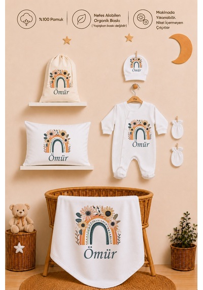 Pia Baby Kız Bebek Hastane Çıkışı 12 Parça %100 Pamuk İsme Özel Organik Baskılı Kese Hediyeli 100411k0x Ekru