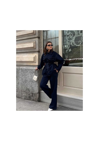 Belezastore Bağlamalı Lacivert Ceket Pantolon Denim Takım Lacivert Takım