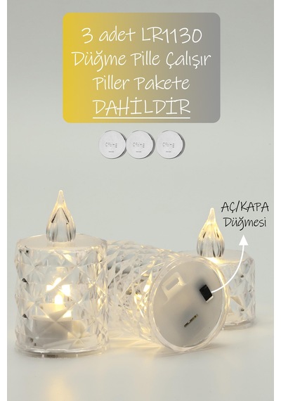 3lü Elmas Kristal Desenli Led Mum Seti Pilli Dumansız Alevli Ledli Dekoratif Yapay Mum Şeffaf