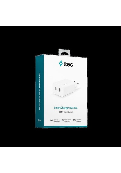 T.tec 2scg01b Smartcharger Duo Pro Gan 50w Pd Seyahat Hızlı Şarj Aleti Usb-c + Usb-c Beyaz