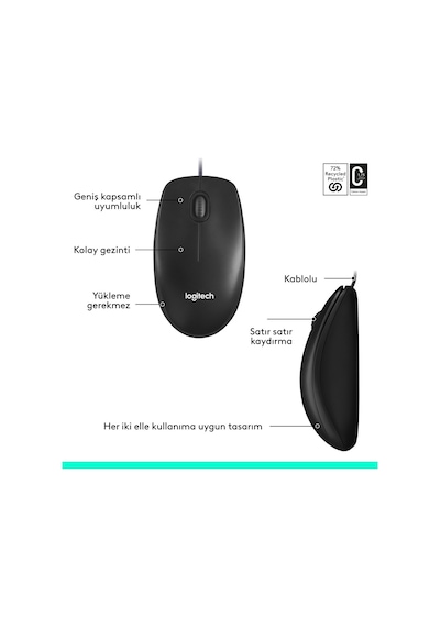 Logitech M100 Kablolu 1000 Dpı Usb Mouse - Siyah M100