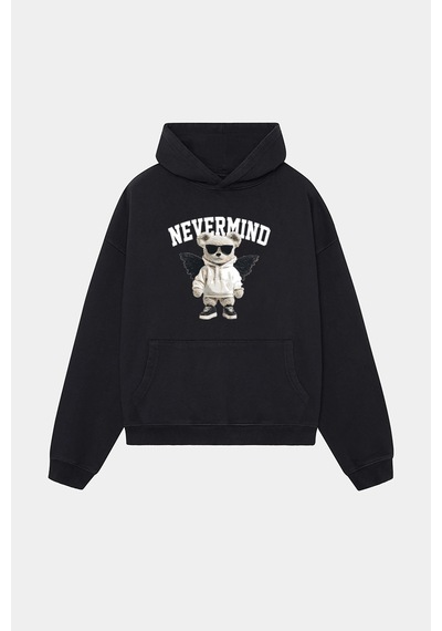 Nevermind Trendy Oversize Beyaz Kapüşonlu Sweatshirt Koleksiyon Siyah