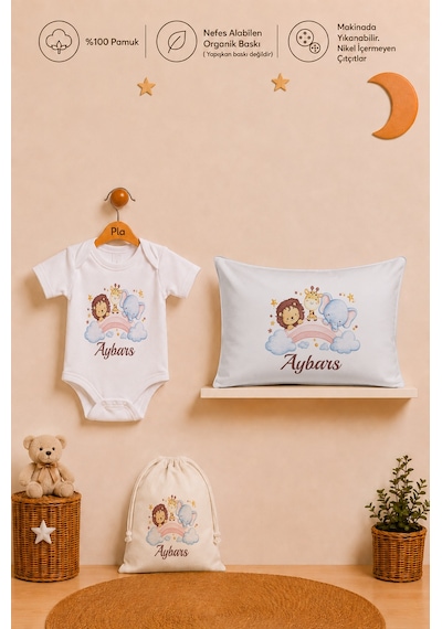 Pia Baby İsme Özel Erkek Bebek Hediyesi %100 Pamuk Organik Baskılı Body Yastık Kılıfı Ve Ham Bez Kıyafet Kesesi 1022byk6x Ekru
