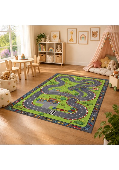Kartela Halı Orman Yarış Pisti Kaymaz Taban Çocuk Oyun Halısı - 80 x 120 CM