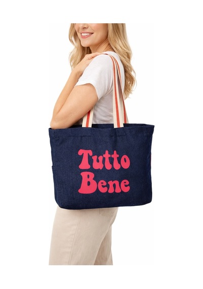 Faralya Life Mavi Kot Denim Çanta Baskılı Pamuk Bez Çanta 52x42 Cm 60 Cm Sap Uzunluğu Açık Pembe