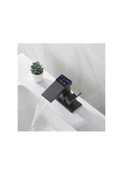 Rena Design Dijital Sıcaklık Göstergeli Siyah Kare Lavabo Bataryası Musluğu Çiftgirişli Armatür Sayaç Ekranlı