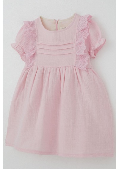 Breeze Kız Bebek Elbise Omuz Kısmı Güpür Detaylı Kolları Lastikli 9 Ay-3 Yaş, Pembe Pembe