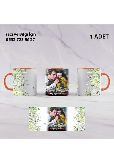 Kişiye Özel İsimli Yaprak Desenli Fotoğraflı Öğretmene -arkadaşa Hediyelik Renkli Kupa Bardak Turuncu