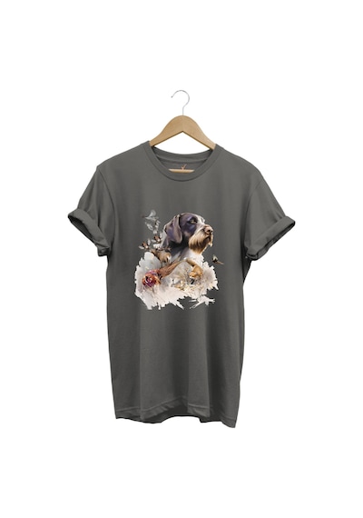 Avcılık Av Desenli Av Köpeği Ve Av Kuşu Baskılı %100 Pamuk Premium Regular Fit Gri T-shirt Antrasit