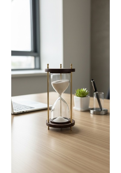 Ahşap Kaideli Dekoratif Kum Saati 14 Cm Beyaz Kumlu Altın Rengi Metal Lüks Vintage Ofis Hediyelik