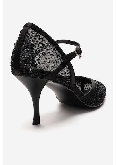 Luvishoes Rachel Siyah Saten Taş Detaylı Fileli Kadın İnce Topuklu Abiye Ayakkabı